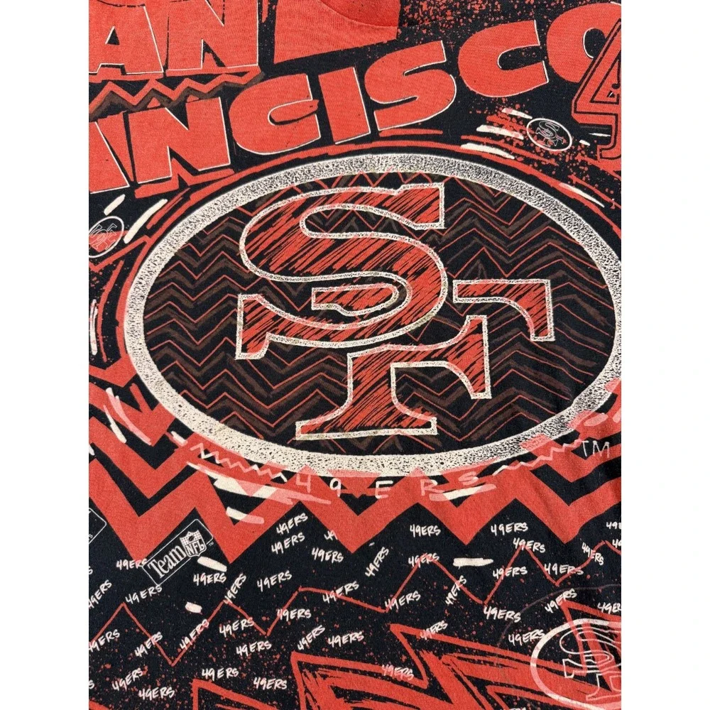 Vintage 90s San Francisco 49ers Magic Johnson T-Shirt Mens XL Black Red AOP Logo